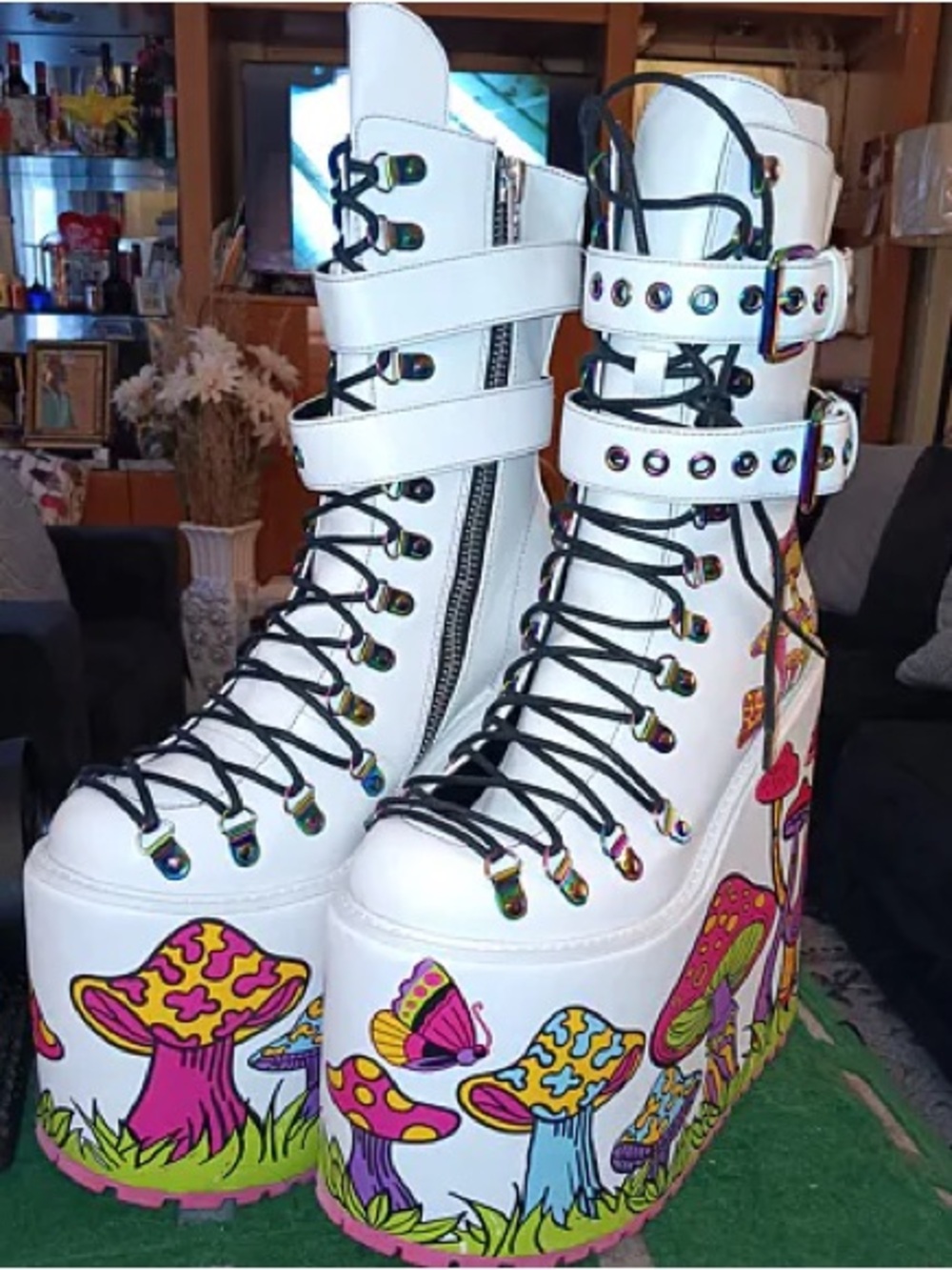 Dolls Kill White Platform Lace-Up Boots with Multicolor Mushroom Print